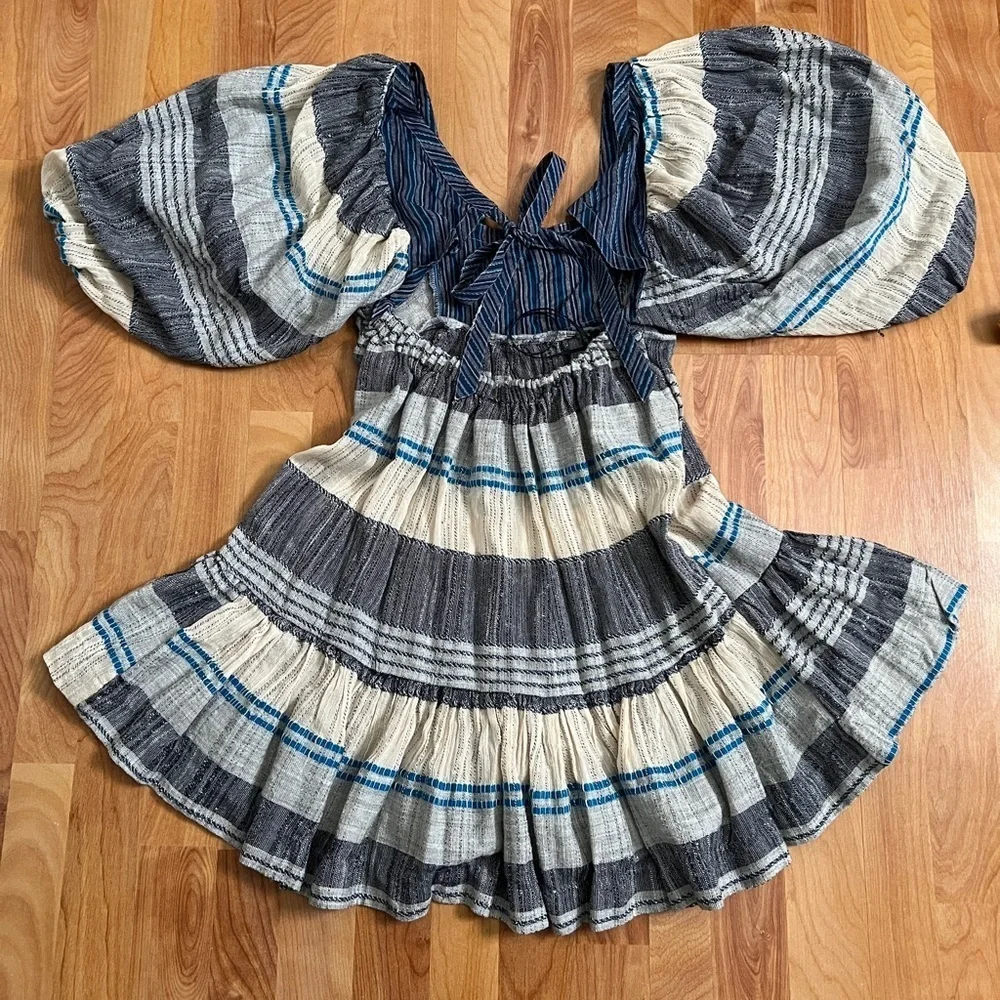 EUC Free People Chic Indigo Combo Gauzy mini dress with balloon sleeves sz XS
